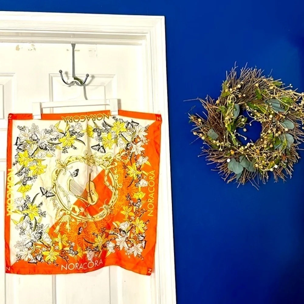 Vintage NORACORA Violin, Butterflies Print Orange Silk Square Scarf, 21